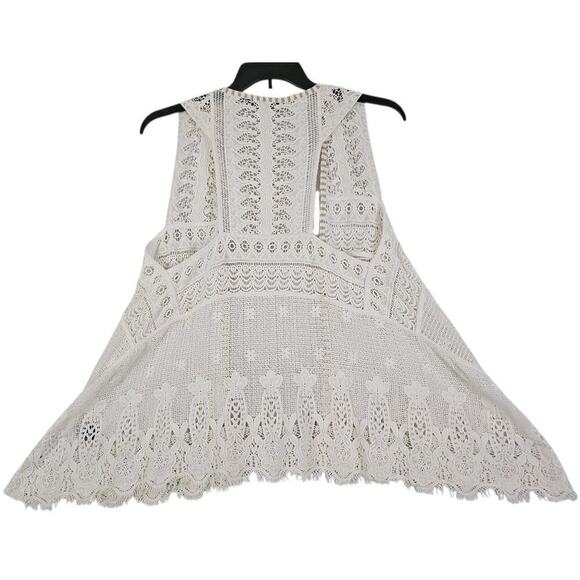 BKE Boutique~Woman Size L~White Crochet Lace Antique Open Front Vest Fringe Boho - Picture 2 of 14
